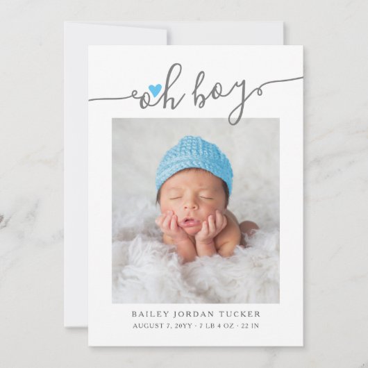 Modern Oh Boy Script Sky Blue Heart 2 Fotos Geburt Ankündigung (Vorderseite)