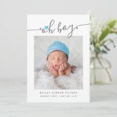 Modern Oh Boy Script Sky Blue Heart 2 Fotos Geburt Ankündigung (Stehend Vorderseite)