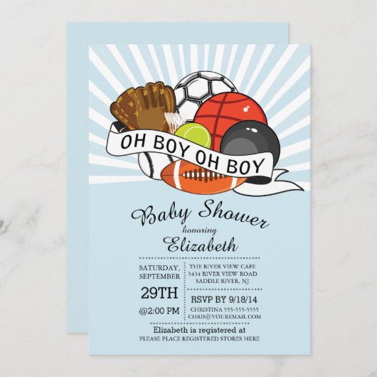 Modern Oh Boy Sports Boys Kinderdusche Einladung (Vorne/Hinten)