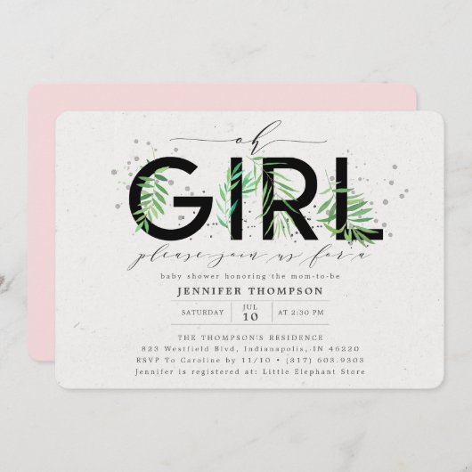 Modern Oh Girl Blush Tropical Greenerity Babydusch Einladung (Vorne/Hinten)