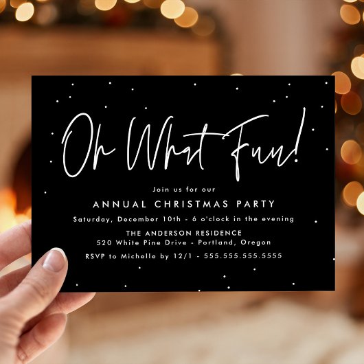 Modern Oh What Fun Script Black Holiday Party Einladung