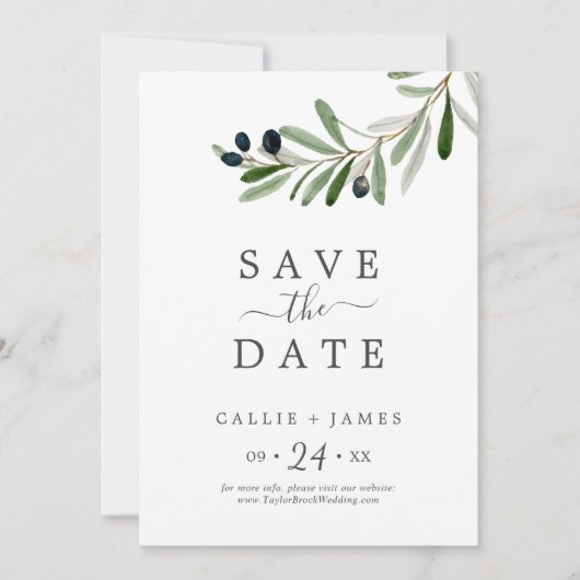 Modern Olive Branch Save the Date Card (Vorderseite)