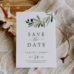 Modern Olive Branch Save the Date Card<br><div class="desc">Diese moderne Olivenzweig-Save the Date-Karte ist ideal für eine Hochzeit. Das rustikale und dennoch elegante Design besticht durch einfache botanisch-grüne Blätter und schwarze Oliven auf einem kleinen Ast mit klassischem mediterranem Ambiente.</div>