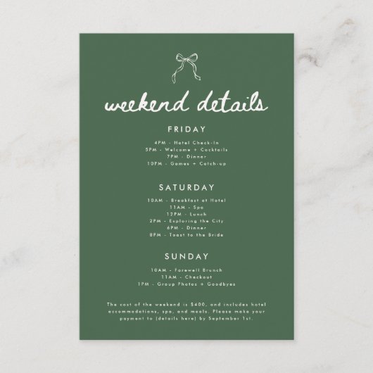 Modern Olive Green Bachelorette Weekend Details Begleitkarte (Vorderseite)