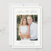 Modern Olive Green Border Script Photo Wedding Save The Date (Vorderseite)