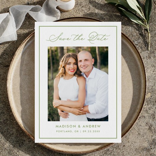 Modern Olive Green Border Script Photo Wedding Save The Date