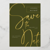 Modern Olive Green Calligraphy Save the Date Folieneinladung (Vorderseite)