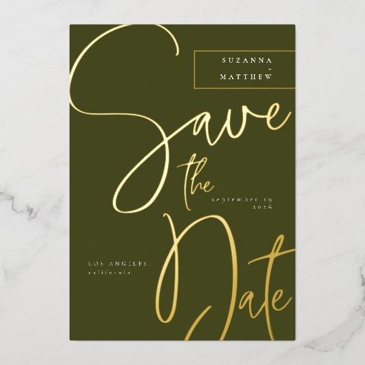 Modern Olive Green Calligraphy Save the Date Folieneinladung (Vorderseite)