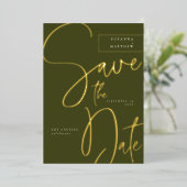 Modern Olive Green Calligraphy Save the Date Folieneinladung (Stehend vorne)