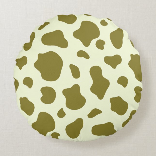 Modern Olive Green Cow Print Rundes Kissen (Vorderseite)