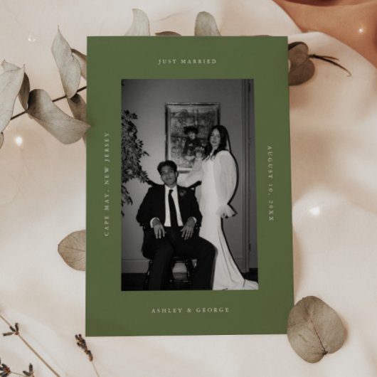 Modern Olive Green "Just Married" Photo Elopement Ankündigung