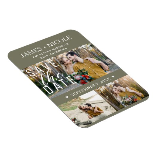 Modern Olive Green Save the Date Hochzeit 3 Fotos Magnet (Rechte Seite)