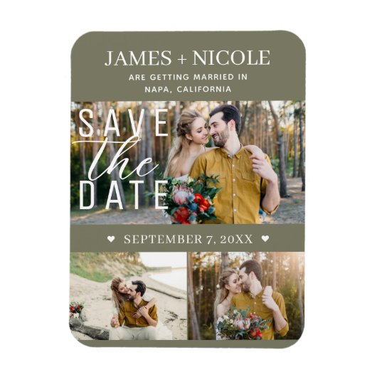Modern Olive Green Save the Date Hochzeit 3 Fotos Magnet (Vertikal)