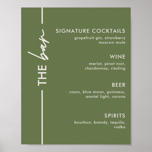Modern Olive Green Wedding Bar Sign Poster (Vorne)