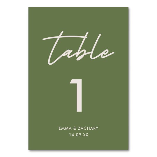 Modern Olive Green Wedding Tischnummer (Vorderseite)