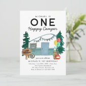 Modern One Happy Camper Trees Camping 1. Geburtsta Einladung (Stehend Vorderseite)