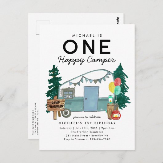 Modern One Happy Camper Trees Camping 1. Geburtsta Postkarte (Vorne/Hinten)