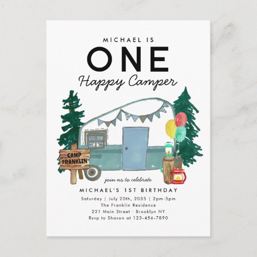 Modern One Happy Camper Trees Camping 1. Geburtsta Postkarte (Vorderseite)