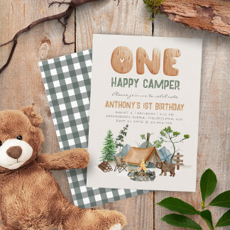 Modern One Happy Camper Woodland 1. Einladung