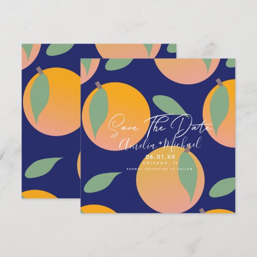 Modern Orange Botanical Blue Save the Date Karte (Vorne/Hinten)