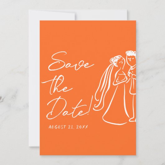 Modern Orange Hand Drawn Retro Summer Wedding Save The Date (Vorderseite)