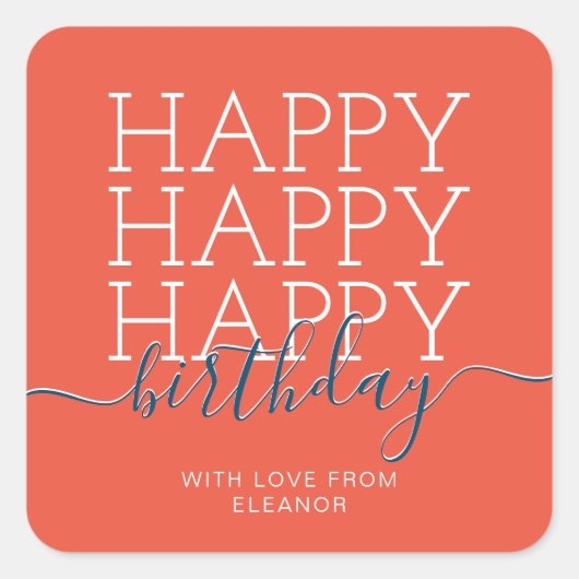 Modern orange Happy Birthday Quadratischer Aufkleber (Vorderseite)