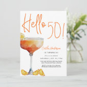 Modern Orange Hello 50 th Birthday Einladung (Stehend Vorderseite)