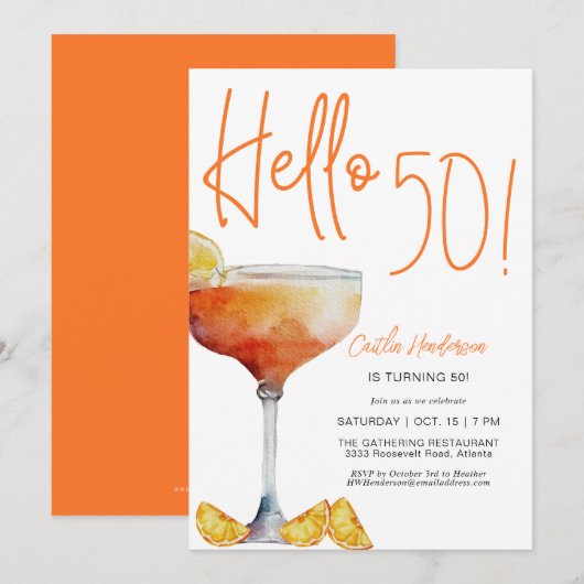 Modern Orange Hello 50 th Birthday Einladung (Vorne/Hinten)