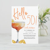 Modern Orange Hello 50 th Birthday Einladung (Stehend Vorderseite)