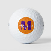 Modern Orange Lila Script Monogram Initial Golfball (Vorderseite)
