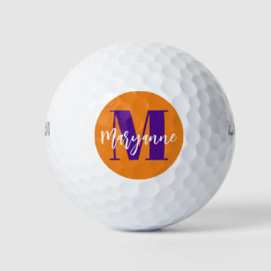 Modern Orange Lila Script Monogram Initial Golfball