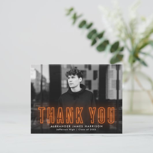 Modern Orange Neon Foto Abschluss Vielen Dank Postkarte (Stehend Vorderseite)