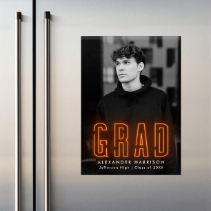 Modern Orange Neon Vertical Photo Graduation Magneteinladung
