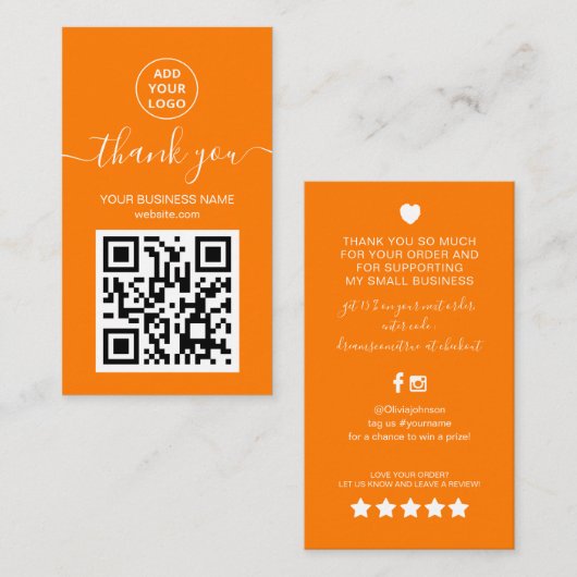Modern Orange QR Code Order Vielen Dank Visitenkarte (Vorne/Hinten)