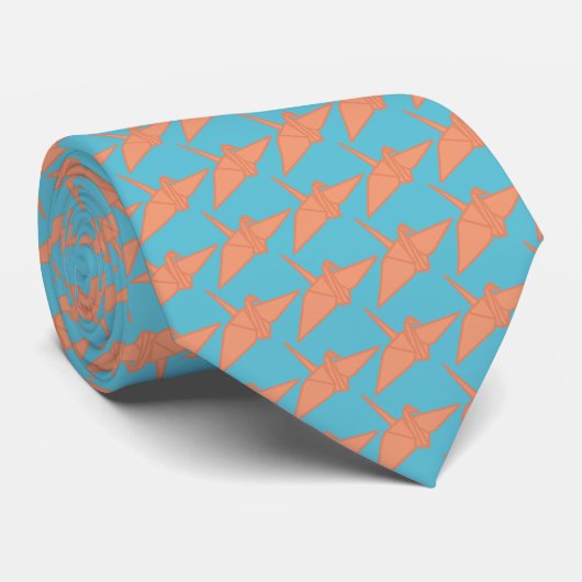 Modern Origami Crane Muster Sky Blue & Orange Krawatte (Gerollt)