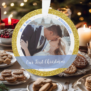 Modern Our First Christmas als Mr. and Mrs. 2 Foto Ornament