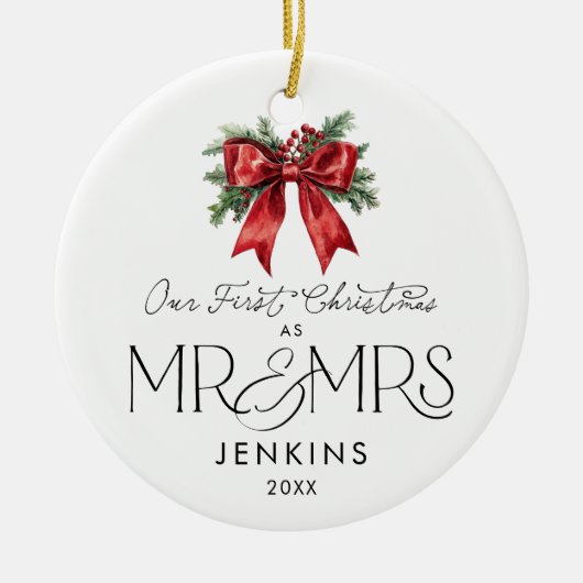 Modern Our First Christmas als Mr. and Mrs. Foto Keramik Ornament (Vorne)