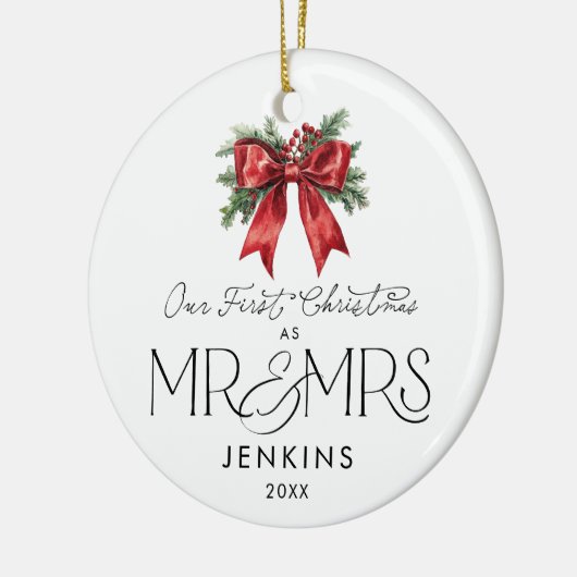 Modern Our First Christmas als Mr. and Mrs. Foto Keramik Ornament (Links)