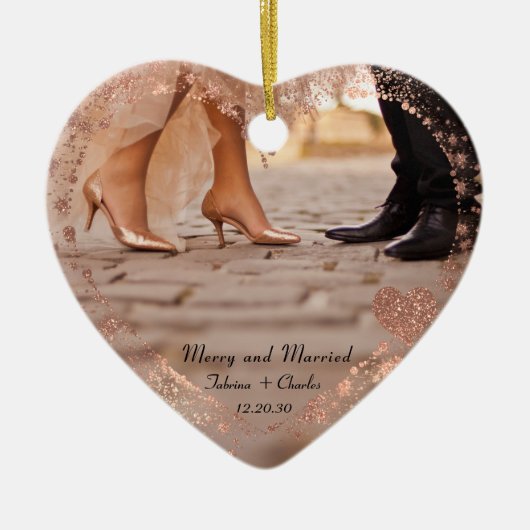 Modern Our First Christmas As Mr & Mrs gold heart Keramik Ornament (Vorne)