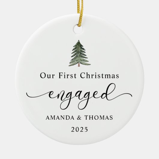 Modern Our First Christmas Engaged Photo Keramik Ornament (Vorne)