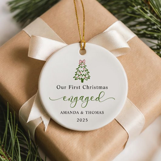 Modern Our First Christmas Engaged Photo Keramik Ornament