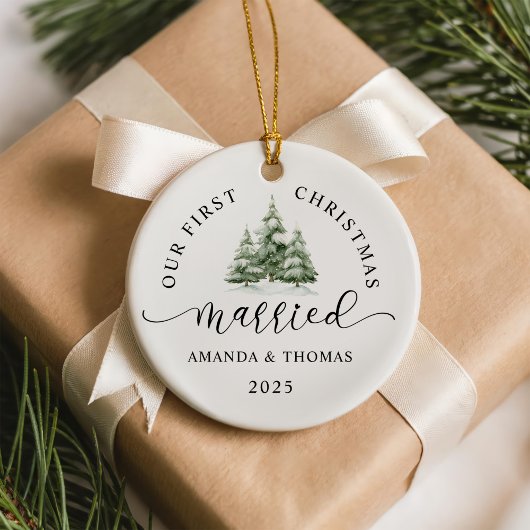 Modern Our First Christmas Married Photo Keramik Ornament