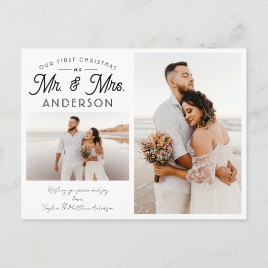 Modern Our First Christmas Mr. and Mrs Two Foto Ankündigungspostkarte (Vorderseite)