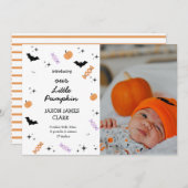 Modern Our Little Pumpkin Halloween Birth Ankündigung (Vorne/Hinten)