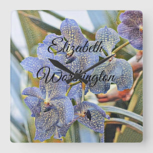 Modern Painting Purple Blue Orchid Flowers Quadratische Wanduhr