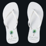 Modern Palm Tree Bride Tribe Bachelorette Badesandalen<br><div class="desc">Personalisierte Bachelorette-Flip-Flops mit "Brautstamm" im modernen Script-Schriftart und einer tropischen Aquarellpalme. Personalisieren Sie mit dem Namen - kaufen Sie eine für jede Frau.</div>