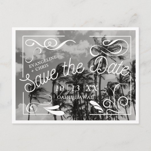 Modern Palm Tree Save the Date Postcard Postkarte (Vorderseite)