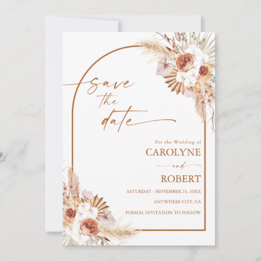 Modern Pampas Grass Boho Terracotta Wedding Save The Date (Vorderseite)