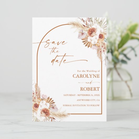 Modern Pampas Grass Boho Terracotta Wedding Save The Date (Stehend Vorderseite)
