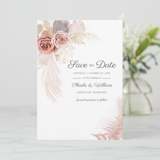 Modern Pampas Grass Floral Script Terracotta auf d Save The Date (Stehend Vorderseite)